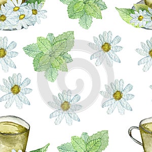 Watercolor hand painted nature herbal seamless pattern with cup of tea, green mint leaves and white flower with yellow middle cham