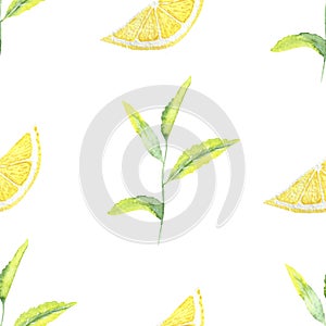 Watercolor hand painted nature herbal seamless pattern with green tea plant leaves on branch and yellow lemon citrus fruit