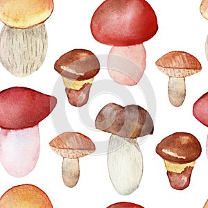 Watercolor hand painted nature meadow forest plant seamless pattern white mushroom porcini, brown cap, orange cap, yellow boletuse