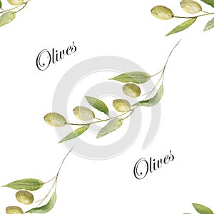 Watercolor hand painted nature provence greenery seamless pattern with green olives on branch with leaves and title text