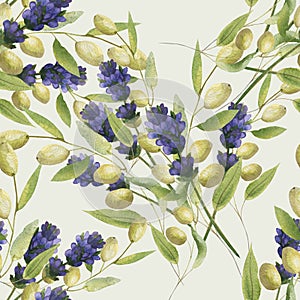 Watercolor hand painted nature provence seamless pattern with purple lavender flowers and green olives branches and leaves bouquet