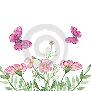 Watercolor hand painted nature romantic composition with green leaves and branches, pink flowers and two butterflies