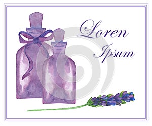 Watercolor hand painted nature romantic spa composition with purple lavender flower branch, two lilac bottles with bow and border
