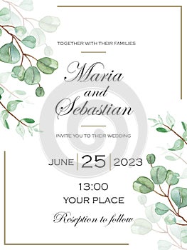 Watercolor hand painted nature save the date frame with green eucalyptus leaves on branch bouquet with text on the white backgroun