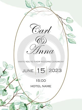 Watercolor hand painted nature save the date oval frame with green eucalyptus leaves on branch with text on the white background f