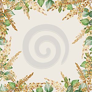 Watercolor hand painted nature squared border frame with green eucalyptus leaves and golden ear cereals composition