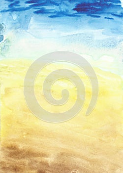 Watercolor hand painted nature summer background warm gradient texture with yellow sand, blue water sea and white foam landscape