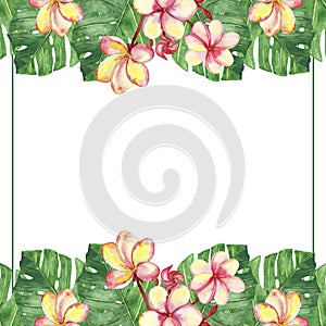 Watercolor hand painted nature tropical banner border frame with green palm leaves and pink blossom plumeria flowers