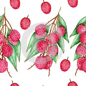 Watercolor hand painted nature tropical exotic seamless pattern with pink lychee fruit on branch and green leaves composition