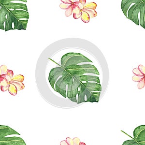 Watercolor hand painted nature tropical floral seamless pattern with green palm leaves and pink plumeria flowers