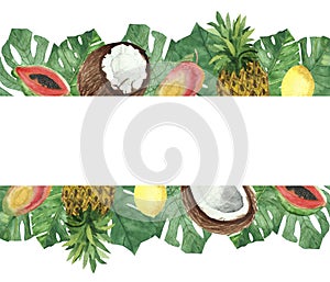 Watercolor hand painted nature tropical fresh banner composition with coconut, mango, papaya, pineapple, lemon fruits and green pa