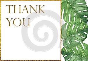 Watercolor hand painted nature tropical greenery plants frame with green palm leaves, golden border line and thank you text