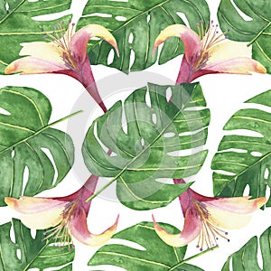 Watercolor hand painted nature tropical plant seamless pattern with green palm leaves and pink blossom honeysuckle flowers