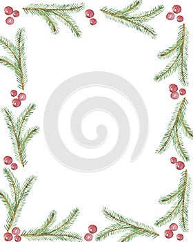Watercolor hand painted nature winter holiday border frame with green fir branches and red holly berries composition