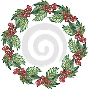 Watercolor hand painted nature winter holiday circle frame with holly branches red berries green leaves wreath composition