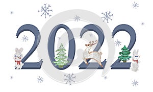 Watercolor hand painted nature winter holiday composition with blue 2022 new year text, white bunnies, deer, green christmas trees