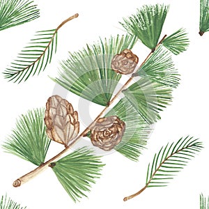 Watercolor hand painted nature winter holiday seamless pattern with green fir branches and brown cones composition isolated on the