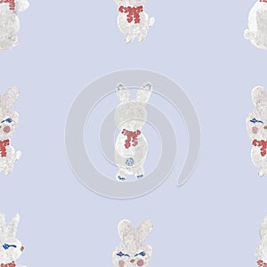 Watercolor hand painted nature winter holiday seamless pattern with white bunnies in red scarf isolated on the light blue backgrou