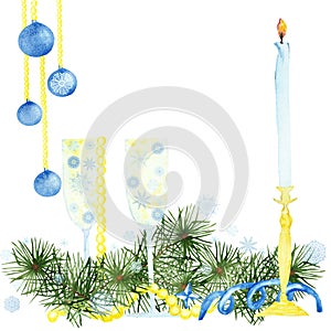 Watercolor hand painted new year composition with green christmas tree fir branches, gold candlestick with candle, champagne glass