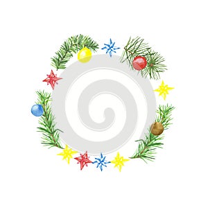 Watercolor hand painted new year holiday circle frame with green christmas tree fir branches