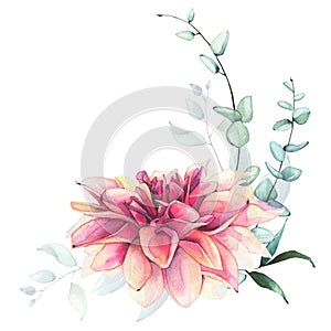 Watercolor hand painted pink dahlia, green leaves and eucalyptus twigs bouquet. Floral arrangement on white background