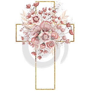 Watercolor hand painted Pink Florals Cross Clipart, Easter Religious flowers  illustration,  Baptism Cross clip art,  Holy Spirit