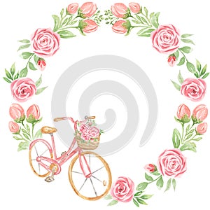 Watercolor hand painted pink garden flowers and bicycle frame, Kids birthday floral card wreath  illustration, summer flowers