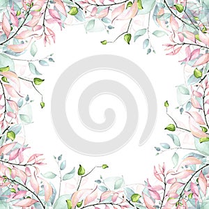 Watercolor hand painted pink, turquoise and green leaves delicate frame. Floral arrangement on white background