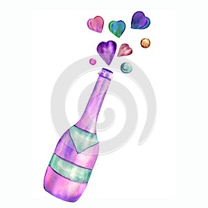 Watercolor hand painted pink and violet champagne bottle with hearts and bobbles. Cheerful and romantic illustration for St.