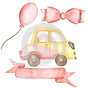 Watercolor hand painted pink and yellow car illustarion, balloon, banner, tie. Baby girl cliparts. Cute kids transport for baby