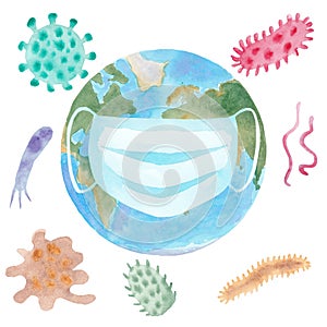 Watercolor hand painted planet Earth isolated on white background. Medical mask and virus. Symbol of life, Coronavirus