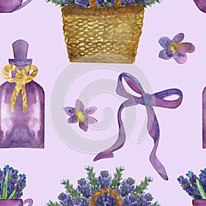Watercolor hand painted provence floral accessories seamless pattern with purple lavender flowers, bottles, bow and wicker backet