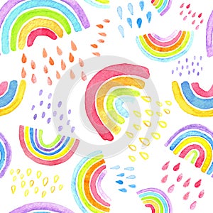 Watercolor hand painted Rainbows raindrops seamless pattern