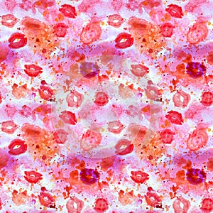 Watercolor hand painted red lipstick kiss on colored background seamless pattern