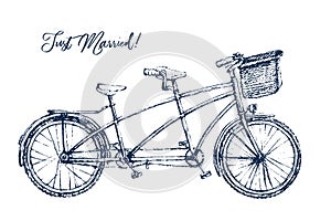 Watercolor hand painted romantic illustration on white background - vintage wedding tandem bicycle