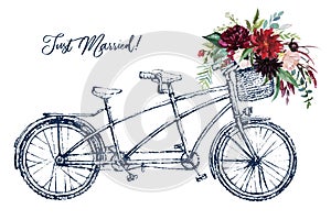 Watercolor hand painted romantic illustration on white background - vintage wedding tandem bicycle with basket of flowers. Floral