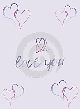 Watercolor hand painted romantic postcard with purple and pink hearts lineart and I love you text composition on the lilac backgro