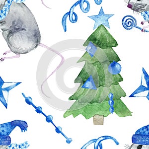 Watercolor hand painted seamless Christmas pattern with green Christmas tree, gray mice photo