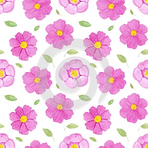 Watercolor hand painted seamless pattern with abstract pink and yellow flowers and leaves isolated on white background.