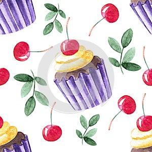 Watercolor hand painted seamless pattern with cherries, leaves and cupcake with cherry berry on top of cream.