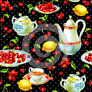 Watercolor hand painted seamless pattern with cherrys, teacup, lemon, sugar bowl and teapot