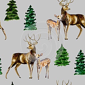 Watercolor hand painted seamless pattern with deer and baby deer, and fir-trees on grey background.