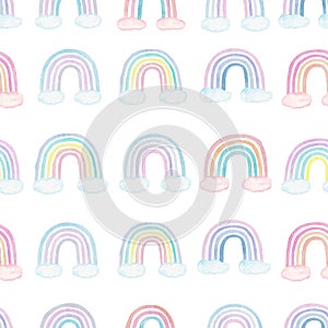 Watercolor hand painted seamless pattern, pastel color rainbow and clouds clipart set. Kids illustration