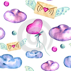 Watercolor hand painted seamless pattern with pink balloon, craft envelope