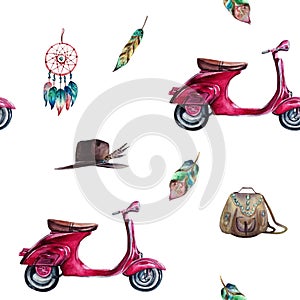 Watercolor hand painted seamless pattern with purple vintage scooter, dream catcher, feathers, brown leather backpack and hat.