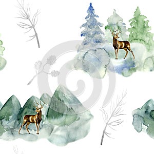 Watercolor hand painted seamless pattern with scenes of deer, mountains, fir-trees, silver forest branches on white background.