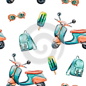 Watercolor hand painted seamless pattern with turquoise vintage scooter, backpack, ice cream and orange sunglasses on white backgr