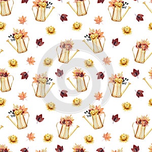 Watercolor hand painted seamless pattern with vintage watering cans withg autumn bouquets.