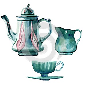 Watercolor hand painted set of antique turquoise coffee pot, milk jug and cup with a saucer. Cozy and delicate illustrations in