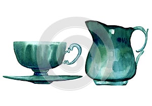 Watercolor hand painted set of antique turquoise milk jug and cup with a saucer. Cozy illustrations in vintage style